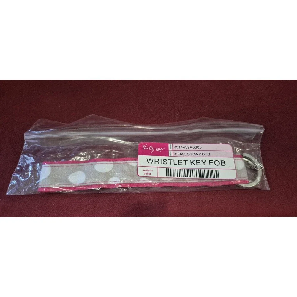 New In Package Thirty One Wristlet Key Fob Polka Dot Gray Pink Replacement New